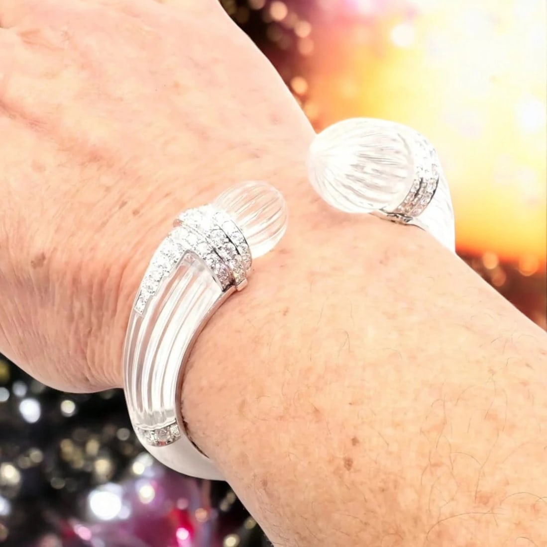 Authentic! David Webb 18k Gold & Platinum Diamond Rock Crystal Bangle Bracelet - 2