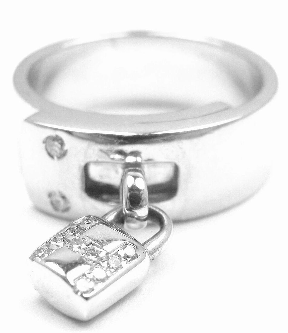 Authentic! Hermes 18k White Gold Diamond "H" Lock Band Ring Size 5 - 2
