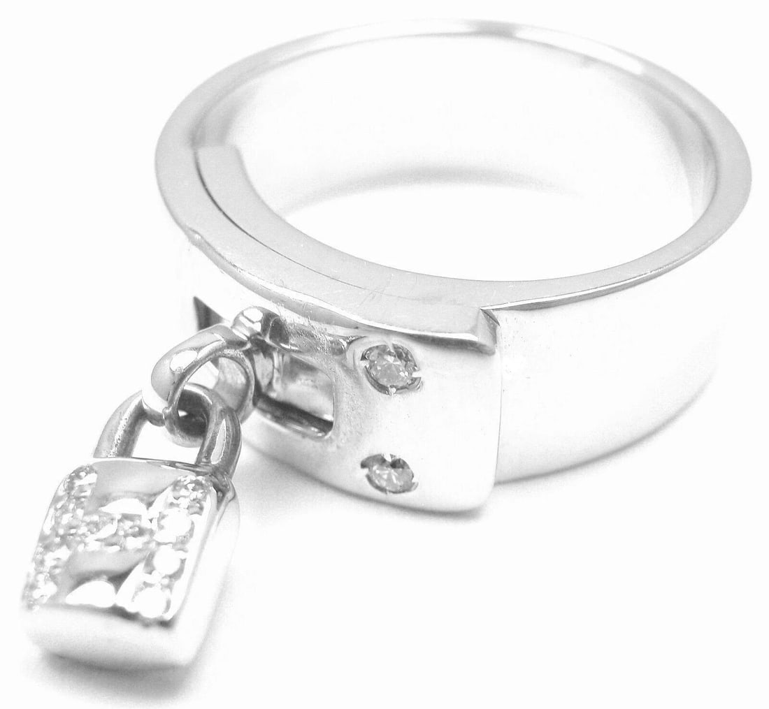 Authentic! Hermes 18k White Gold Diamond "H" Lock Band Ring Size 5 - 3