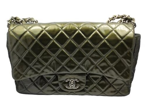 2008 Chanel Classic Jumbo Quilted Patent Leather Rare Olive Green Handbag Purse - 2