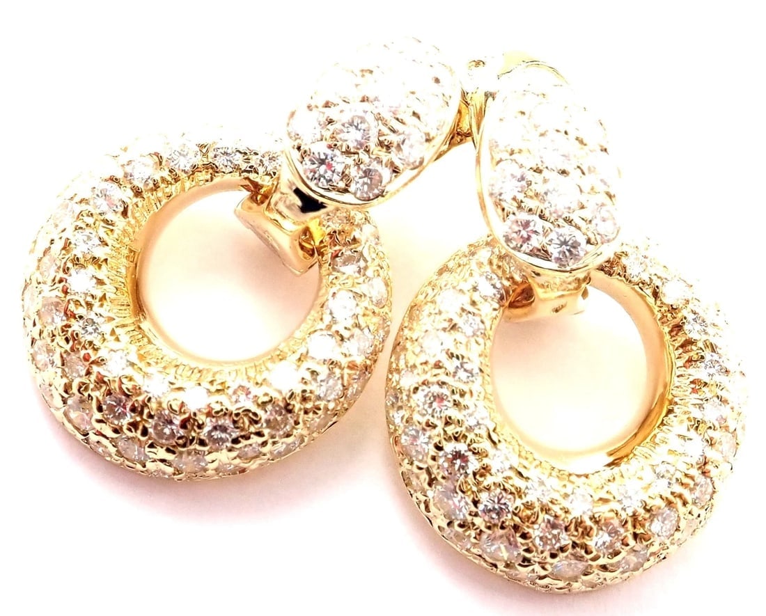 Rare! Van Cleef & Arpels 18k Yellow Gold Diamond MOP Door Knocker Earrings - 2