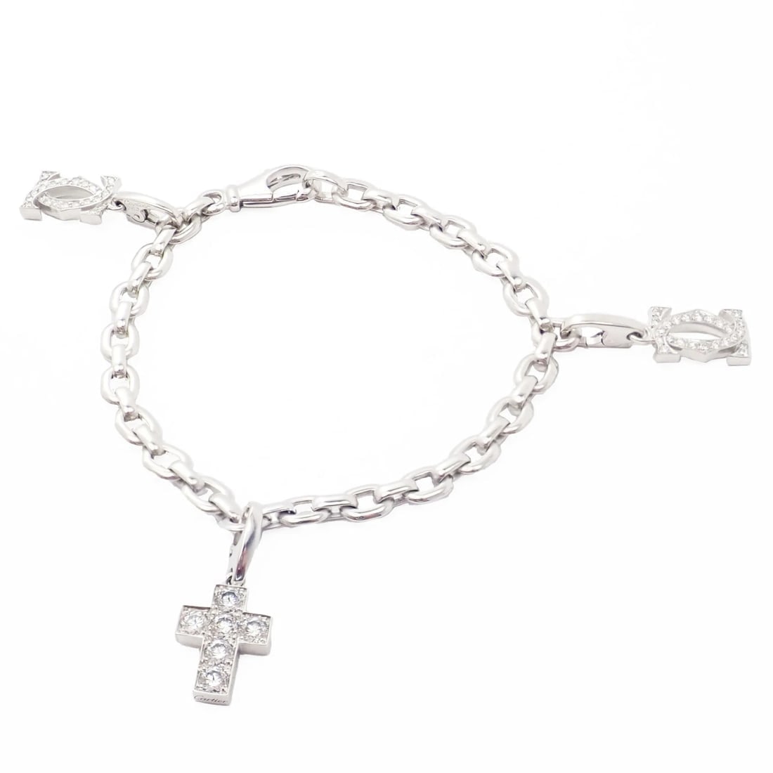 Authentic! Cartier 18k White Gold 3 Charm Bracelet with Diamond Cross Double C's - 3