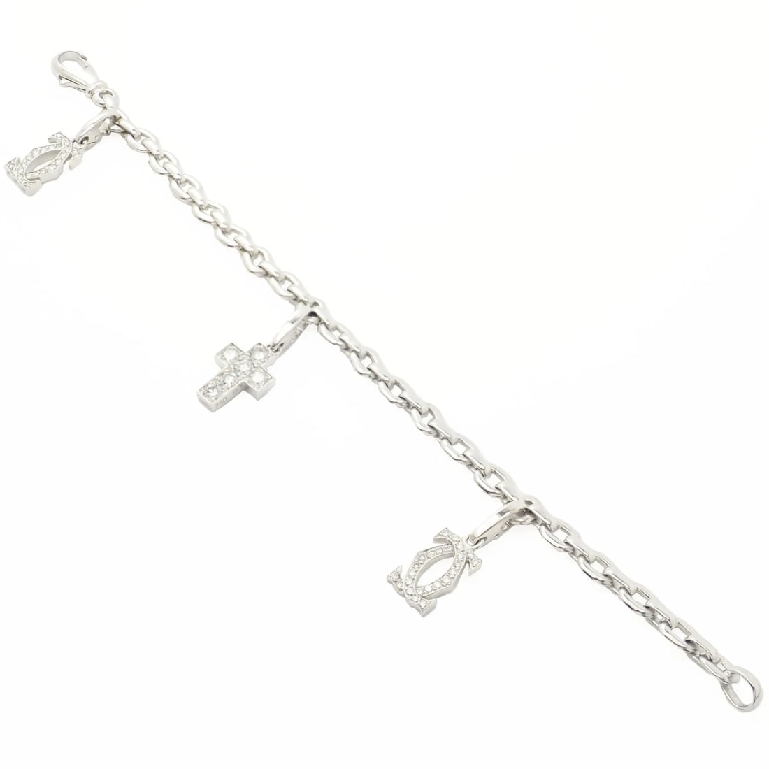 Authentic! Cartier 18k White Gold 3 Charm Bracelet with Diamond Cross Double C's - 4