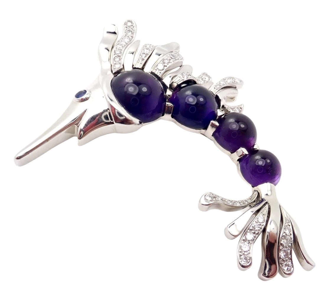 Chanel 18k White Gold Amethyst Diamond Miami Marlin Fish Brooch Pendant - 3