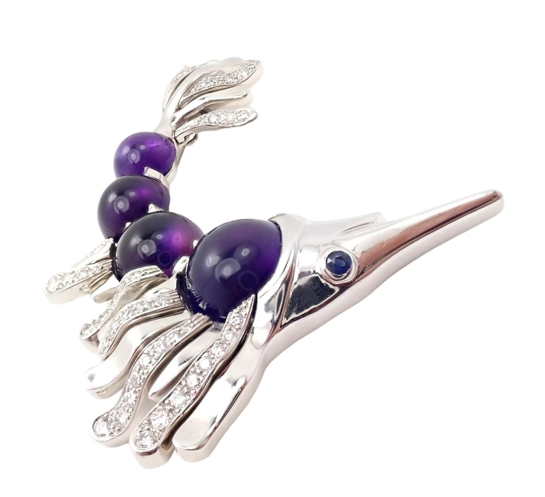 Chanel 18k White Gold Amethyst Diamond Miami Marlin Fish Brooch Pendant - 4