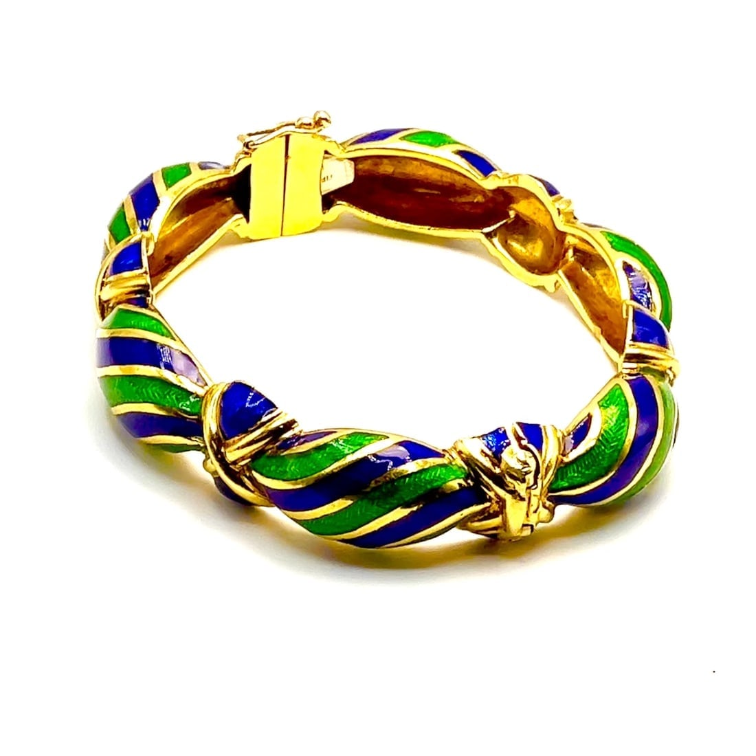 Authentic Vintage Tiffany & Co 18k Yellow Gold Green Blue Enamel Bangle Bracelet - 2