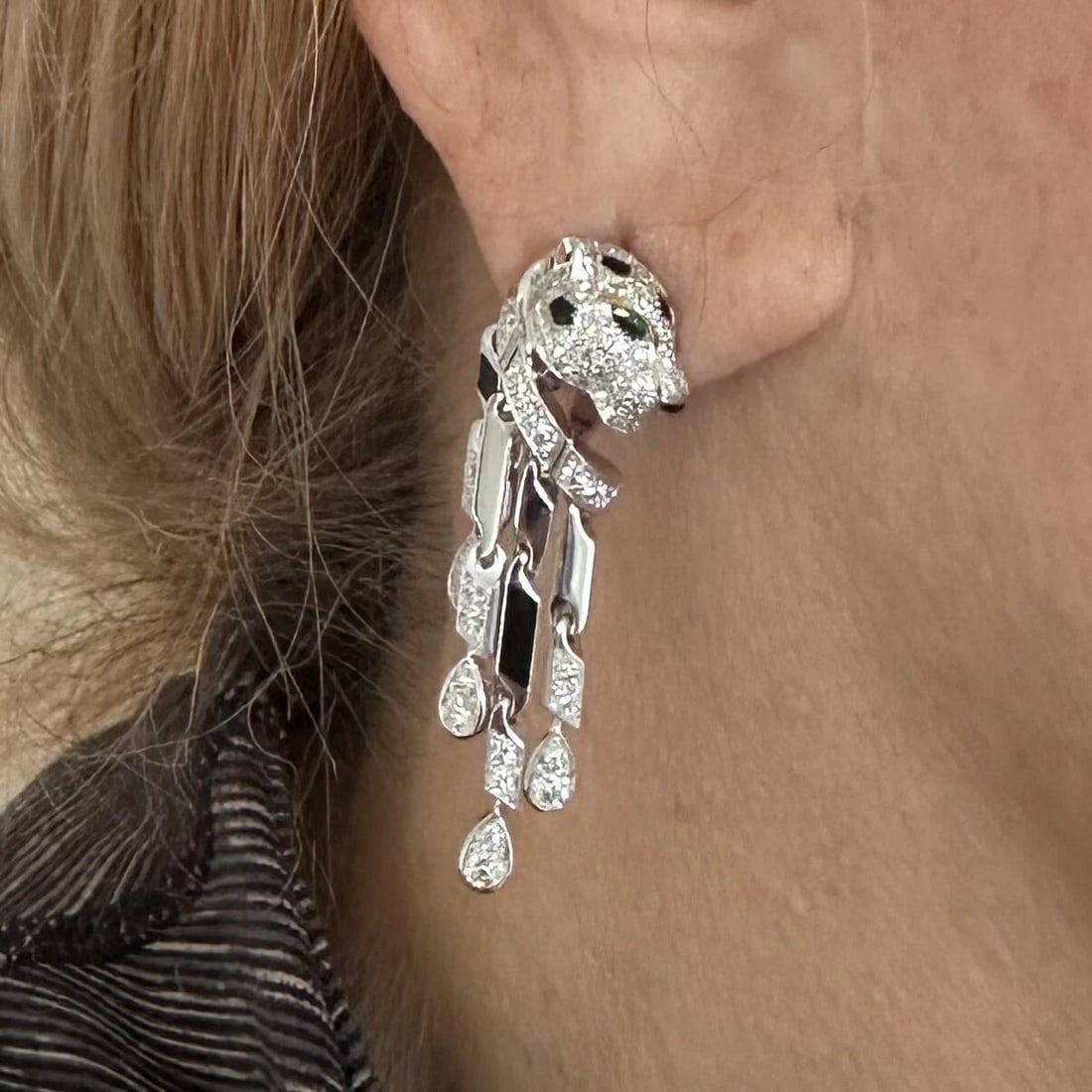 Authentic! Cartier Panthere Panther 18k White Gold Diamond Black Onyx Earrings - 2