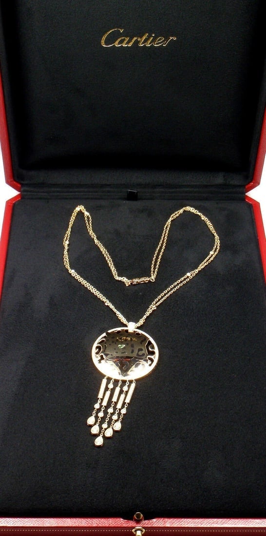 Authentic! Cartier Panther 18k Yellow Gold Diamond Tsavorite Lacquer Necklace - 3