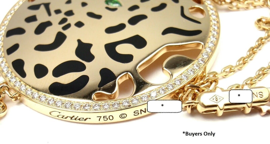 Authentic! Cartier Panther 18k Yellow Gold Diamond Tsavorite Lacquer Necklace - 7