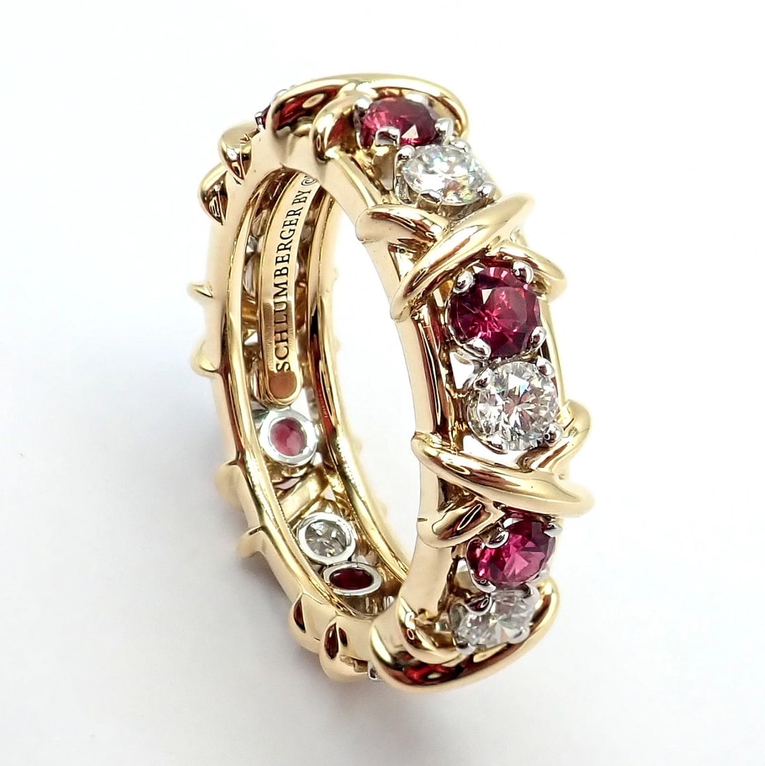 Tiffany & Co Schlumberger 18k Gold Platinum 16 Stone Diamond Ruby Band Ring Sz 5 - 3