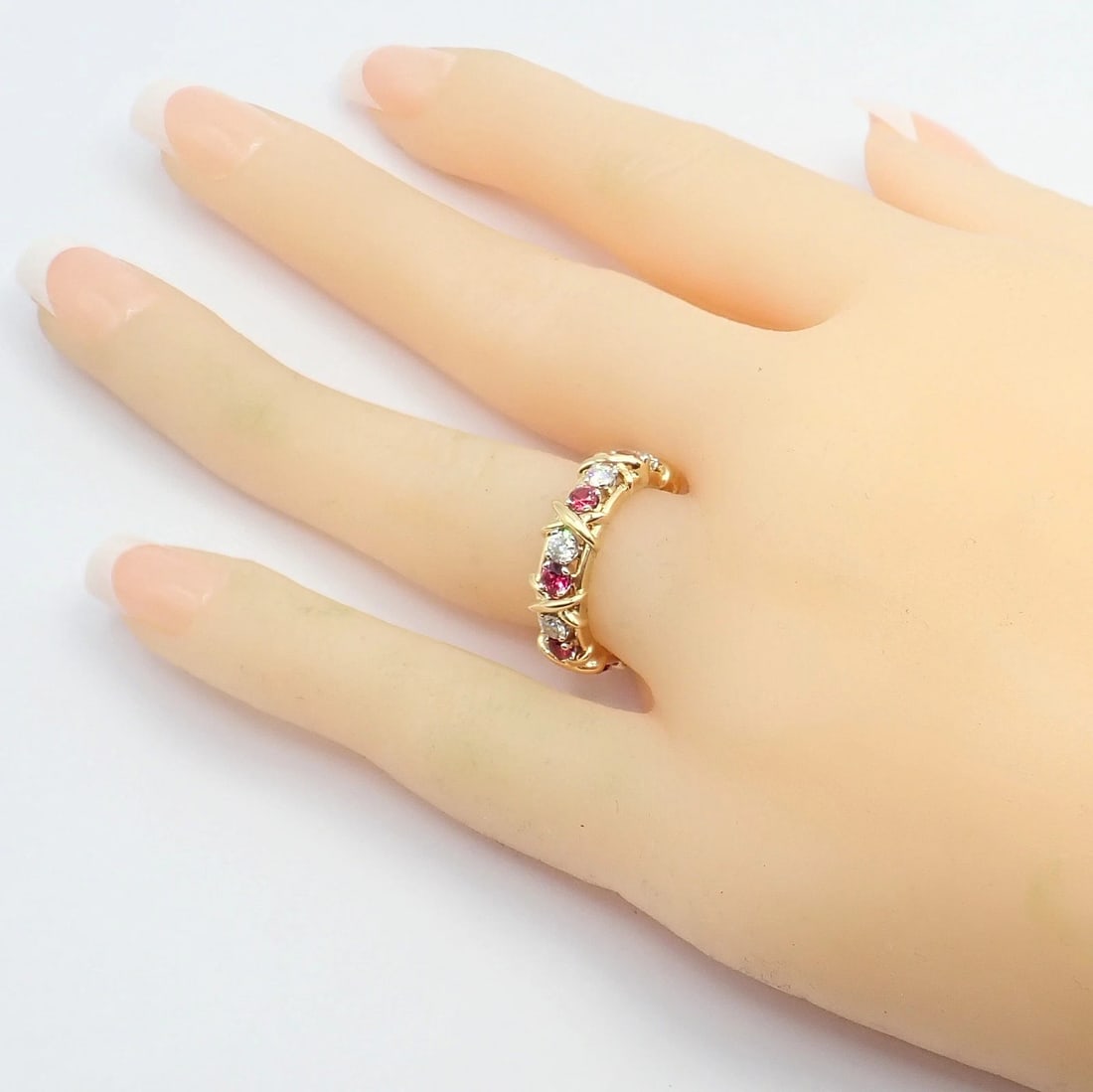 Tiffany & Co Schlumberger 18k Gold Platinum 16 Stone Diamond Ruby Band Ring Sz 5 - 4