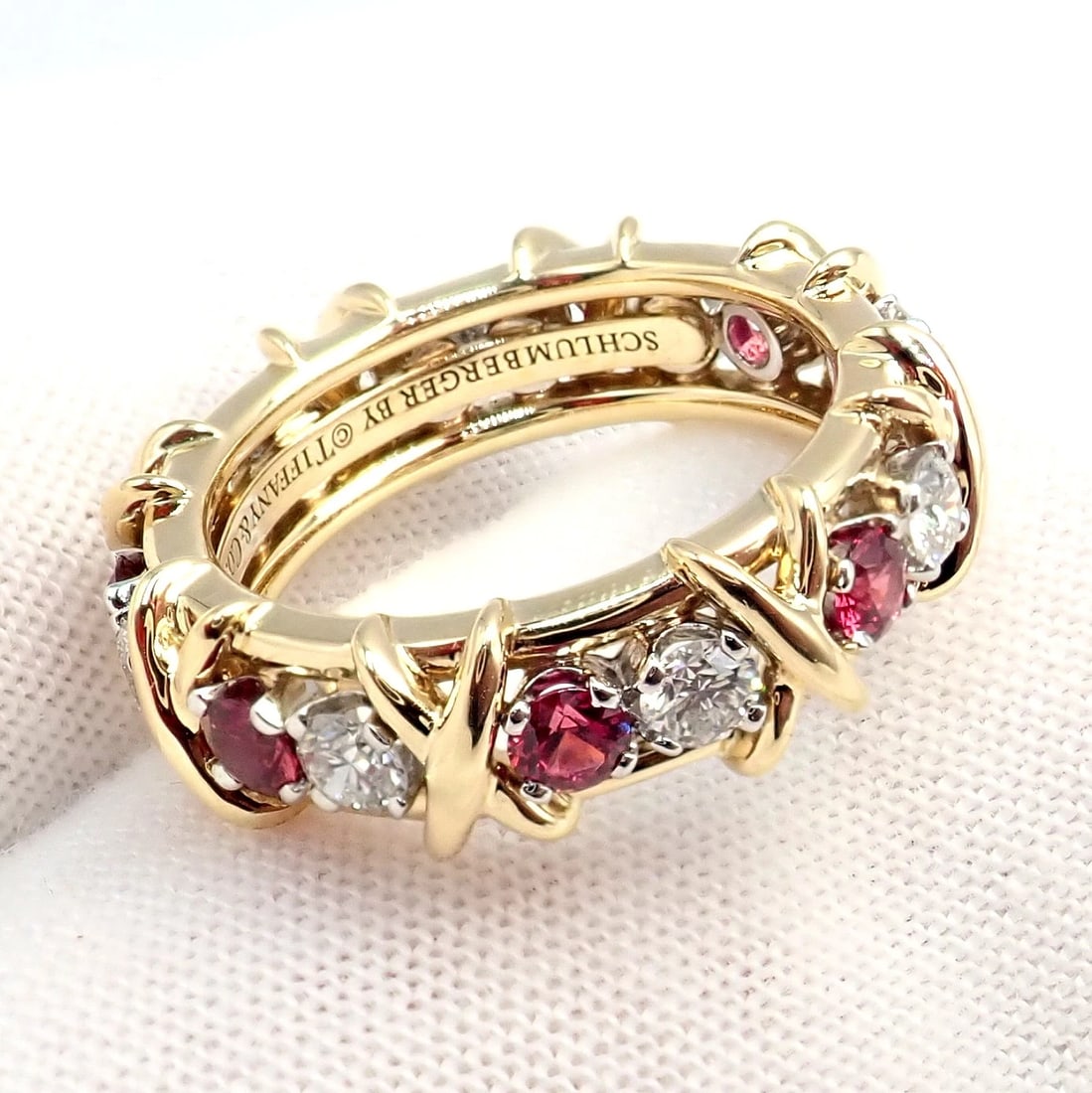Tiffany & Co Schlumberger 18k Gold Platinum 16 Stone Diamond Ruby Band Ring Sz 5 - 5