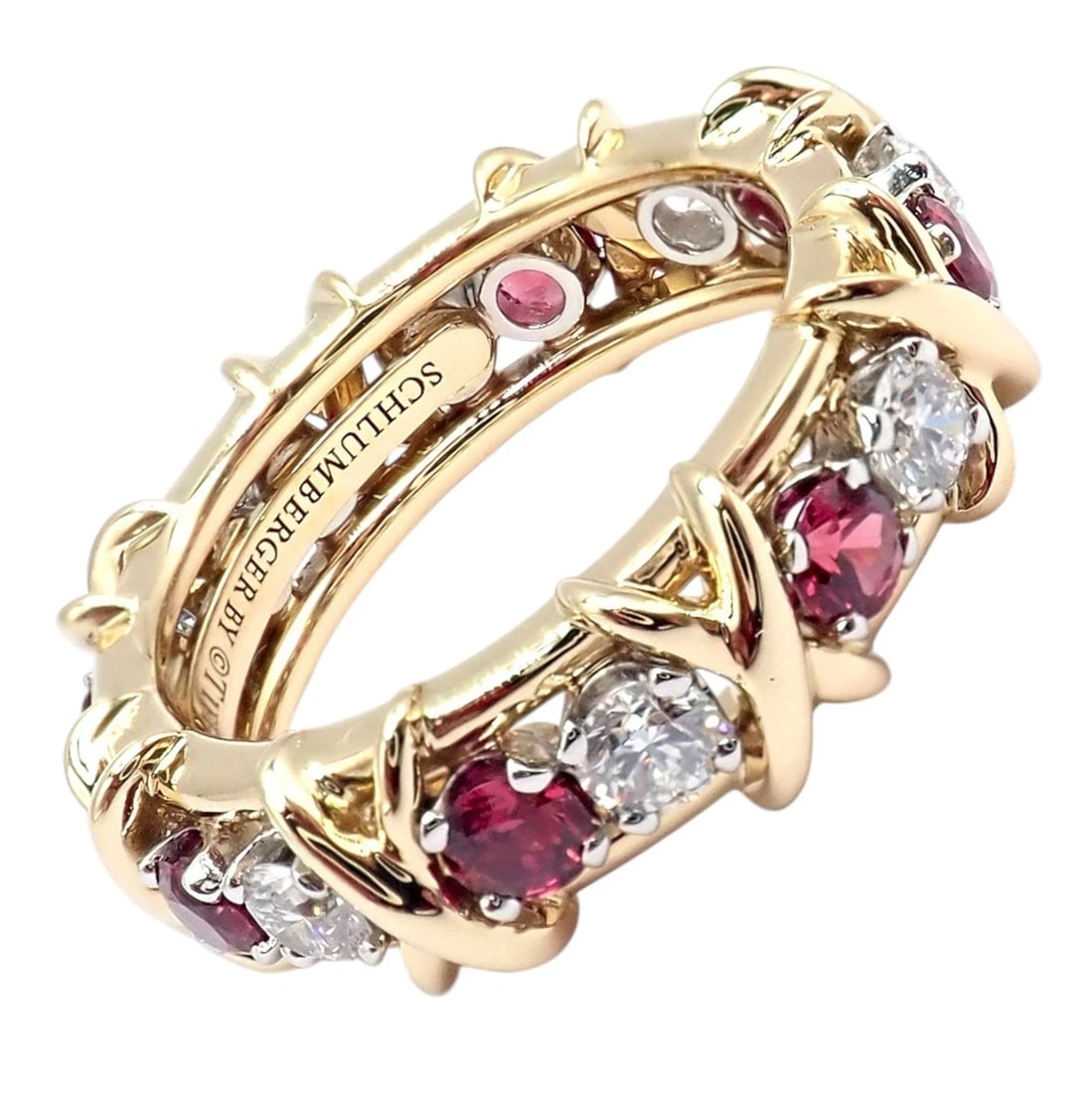 Tiffany & Co Schlumberger 18k Gold Platinum 16 Stone Diamond Ruby Band Ring Sz 5 - 6