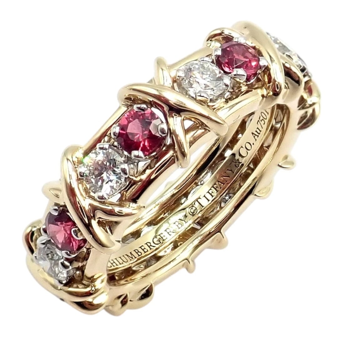 Tiffany & Co Schlumberger 18k Gold Platinum 16 Stone Diamond Ruby Band Ring Sz 5 - 8