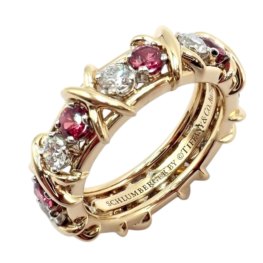Tiffany & Co Schlumberger 18k Gold Platinum 16 Stone Diamond Ruby Band Ring Sz 5 - 9