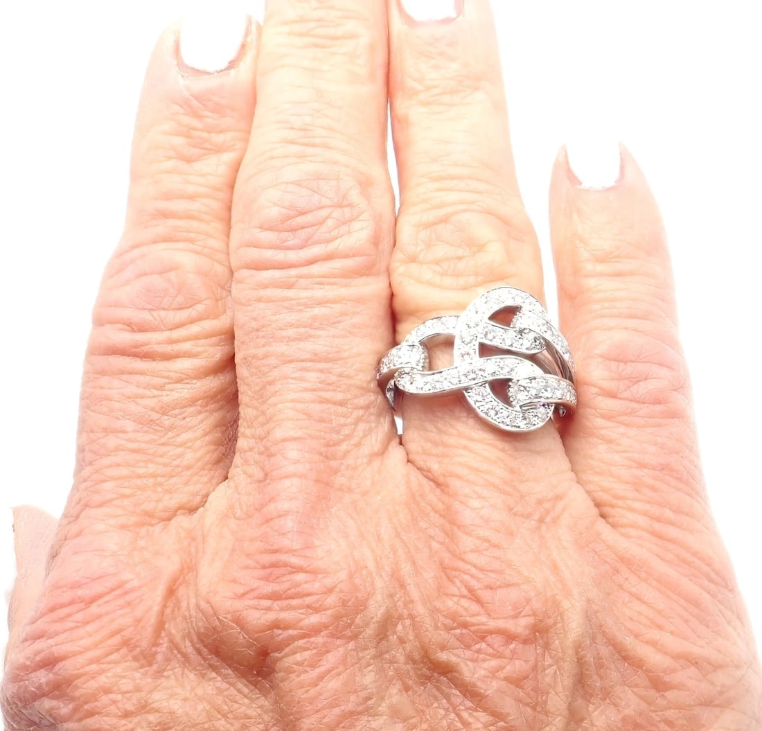 Authentic! Cartier Agrafe 18k White Gold Diamond Band Ring - 7