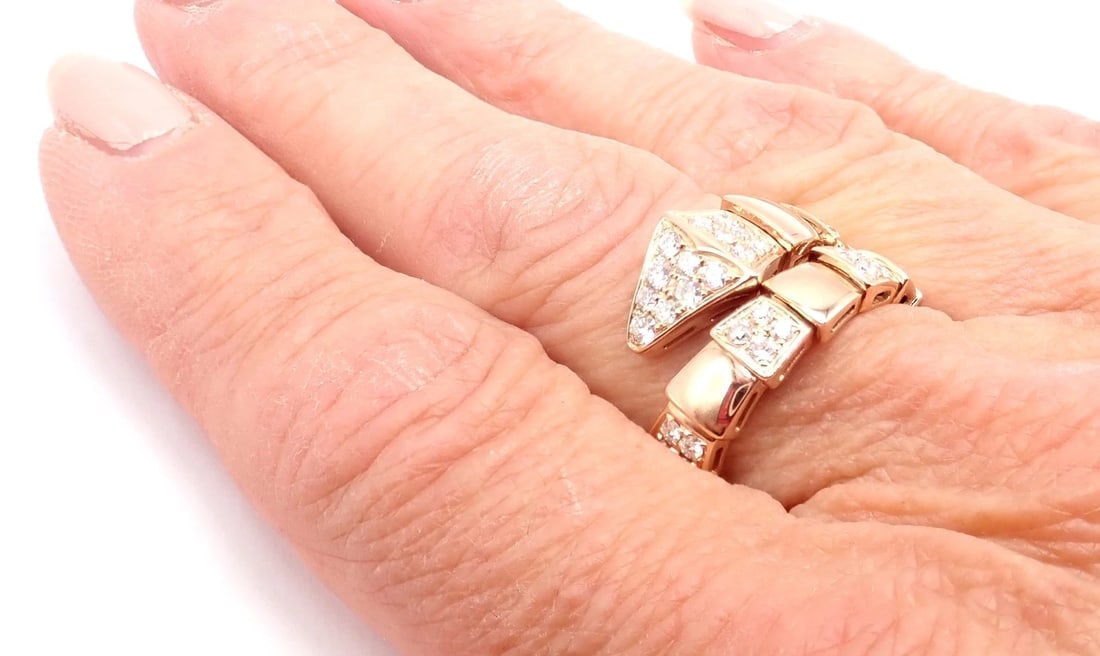 Authentic Bulgari Bvlgari Serpenti Viper 18k Rose Gold Diamond Band Ring Sz 8.75 - 8