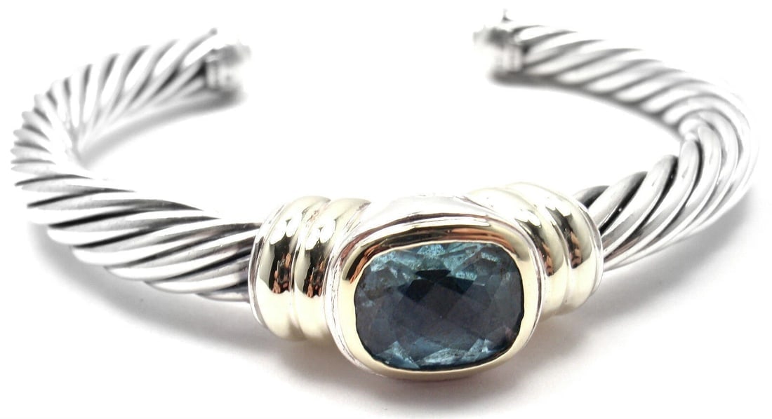 Authentic! D.Yurman NOBLESSE 14k YG Sterling Silver Blue Topaz Bangle Bracelet - 6
