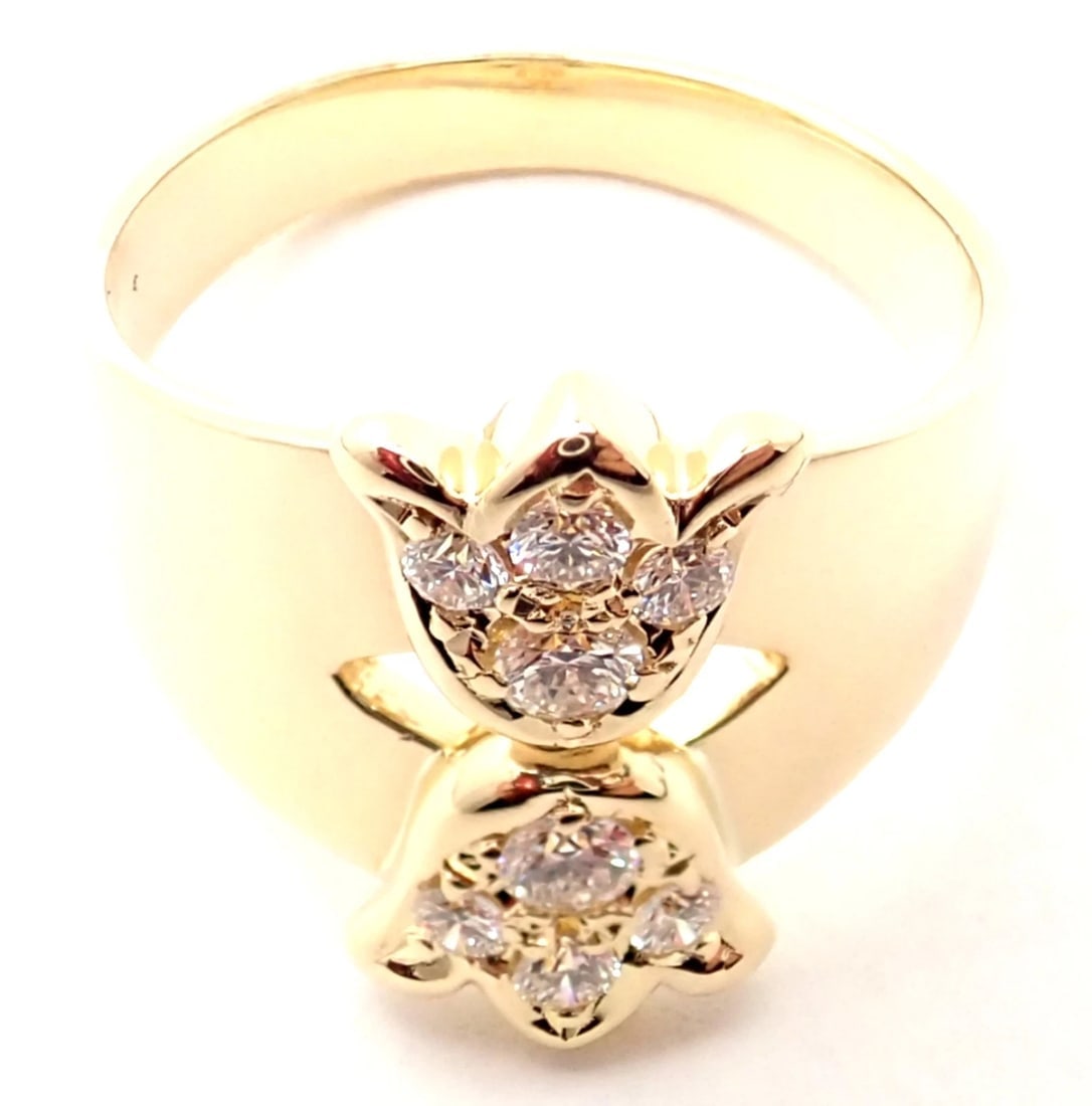 Rare! Authentic Christian Dior 18k Yellow Gold Diamond Flower Tulip Band Ring - 6