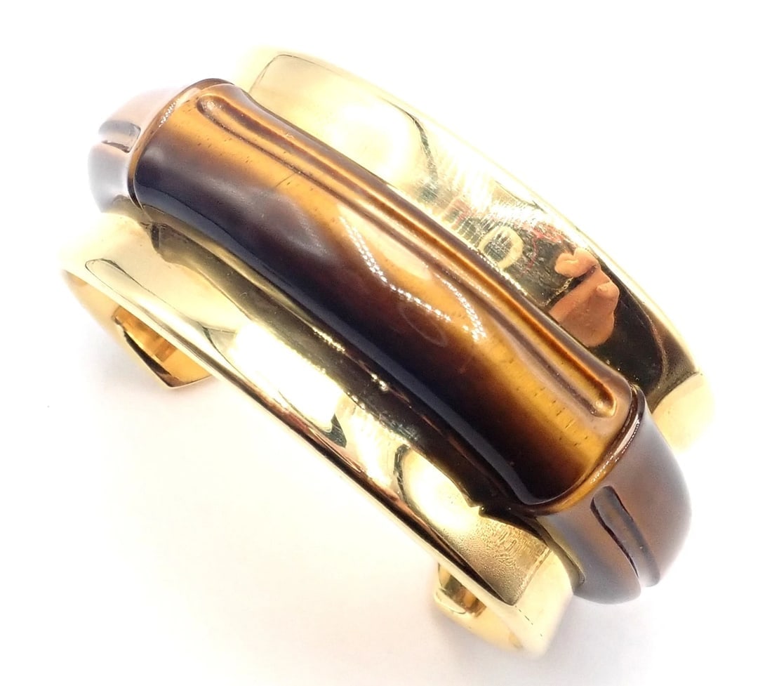 Authentic! Tiffany & Co 18k Yellow Gold Tiger Eye Bangle Cuff Wide Bracelet 2002 - 2