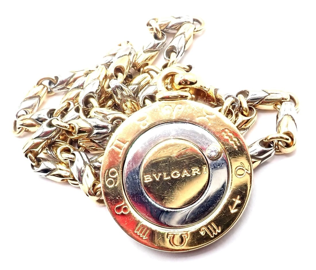 Authentic! Bulgari Bvlgari 18k Yellow Gold Steel Diamond Zodiac Pendant Necklace - 7