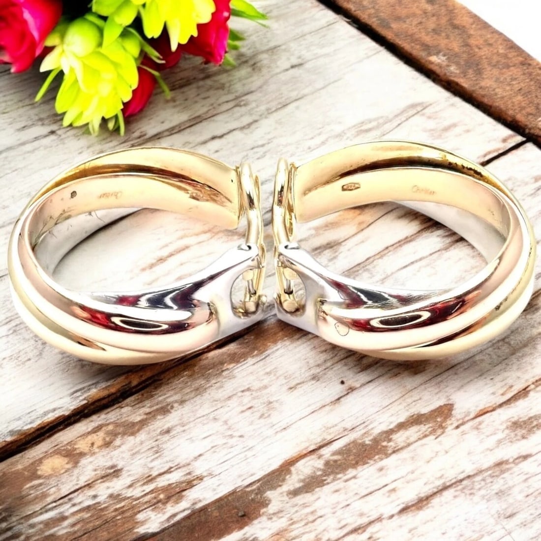 Authentic! Cartier 18k Tri-Color Gold Medium Size Trinity Hoop Earrings - 2