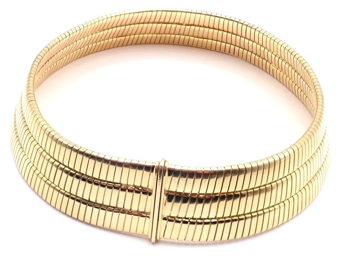 Authentic! Bvlgari Bulgari Three Rows Tubogas 18k Yellow Gold Choker Necklace - 3