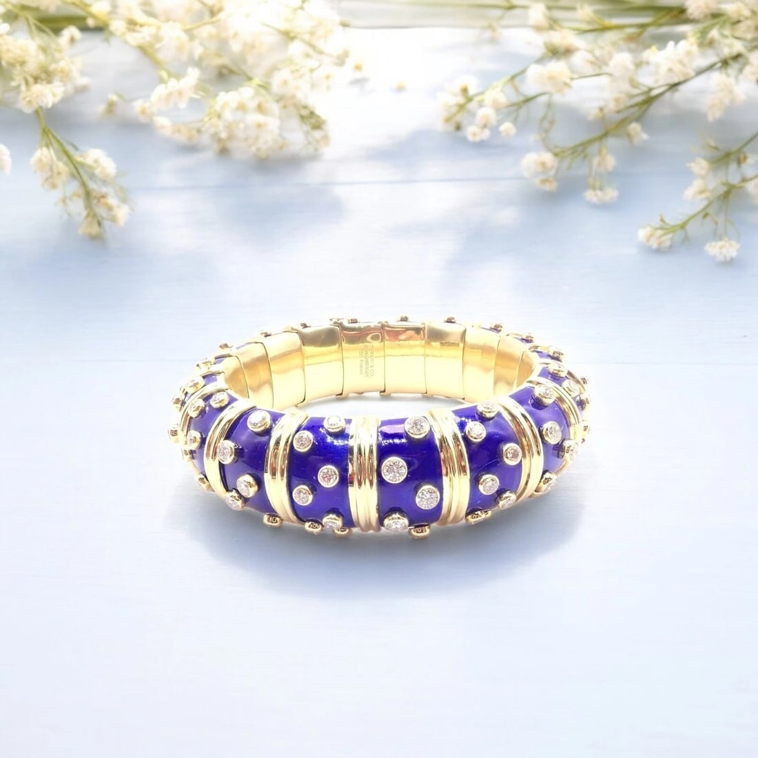 Tiffany & Co Schlumberger Dots 18k Yellow Gold Diamond Enamel Bangle Bracelet - 3