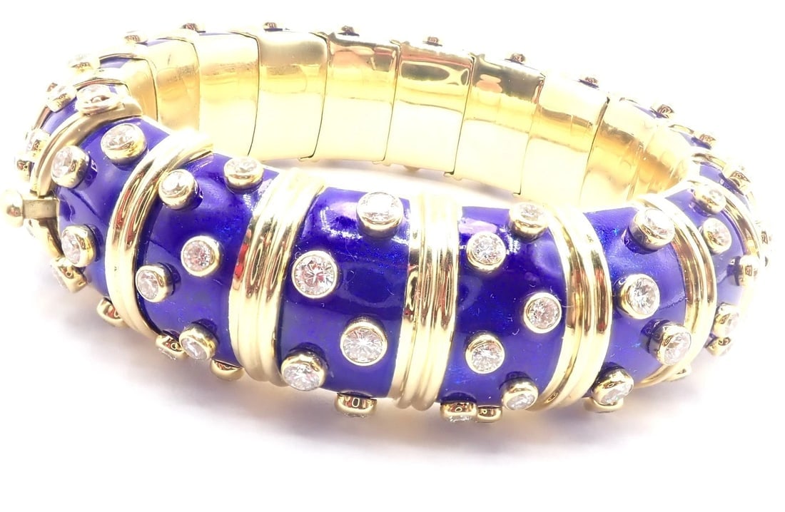 Tiffany & Co Schlumberger Dots 18k Yellow Gold Diamond Enamel Bangle Bracelet - 4