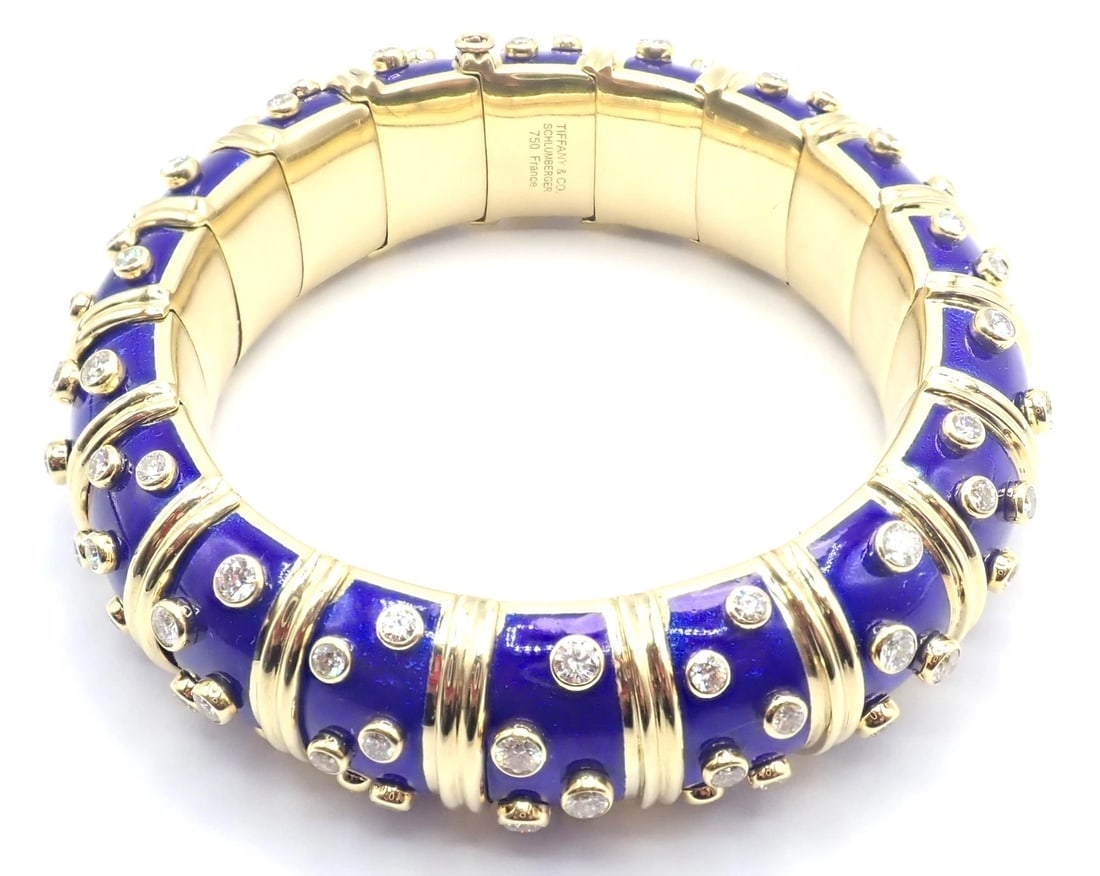 Tiffany & Co Schlumberger Dots 18k Yellow Gold Diamond Enamel Bangle Bracelet - 7