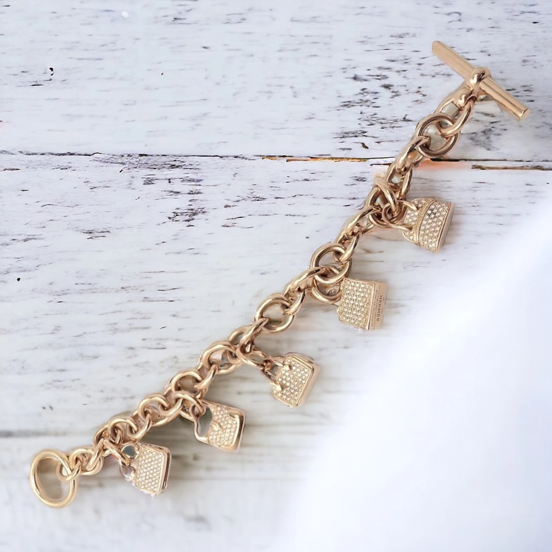 Authentic! Hermes 18k Rose Gold Diamond Signature Iconic Bag Charm Link Bracelet - 2