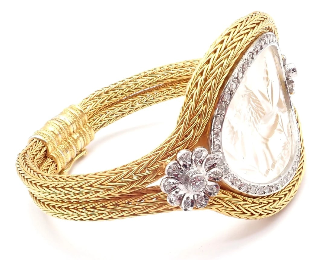 Authentic! Ilias Lalaounis 18k Yellow Gold Diamond Rock Crystal Bangle Bracelet - 3