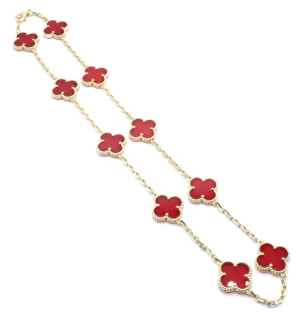 Authentic Van Cleef & Arpels 18k Gold 10 Motif Alhambra Carnelian Necklace Paper - 3