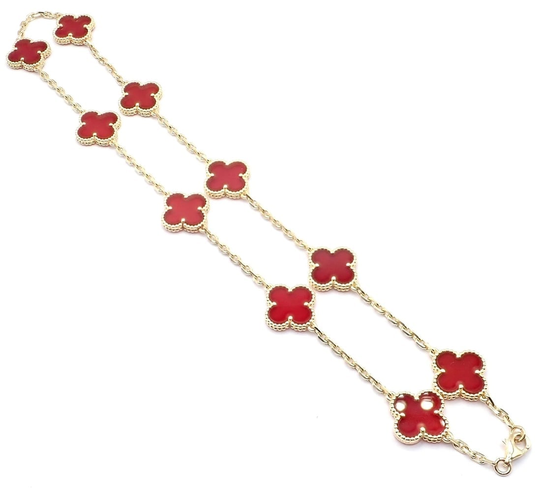 Authentic Van Cleef & Arpels 18k Gold 10 Motif Alhambra Carnelian Necklace Paper - 4
