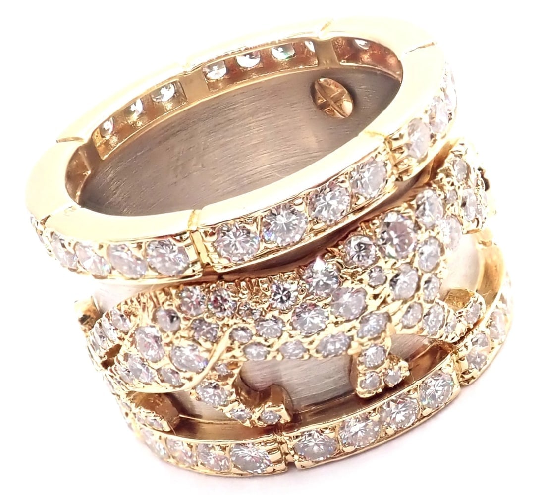 Cartier Mahango Walking Panthere 18k Yellow White Gold Diamond Band Ring - 3