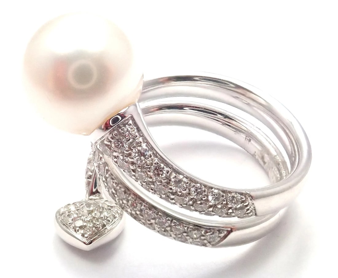 Rare! Authentic Mikimoto 18k White Gold Diamond South Sea Pearl Heart Ring Cert. - 4