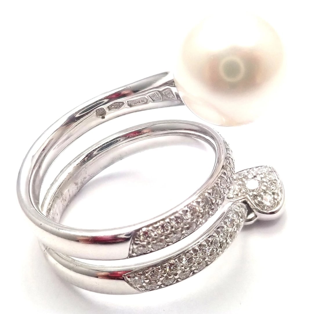 Rare! Authentic Mikimoto 18k White Gold Diamond South Sea Pearl Heart Ring Cert. - 6