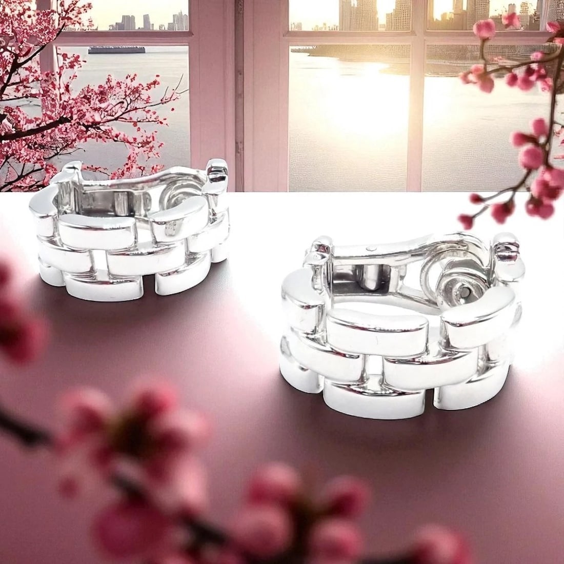 Authentic! Cartier Maillon Panthere 18K White Gold Three Row Link Hoop Earrings - 2