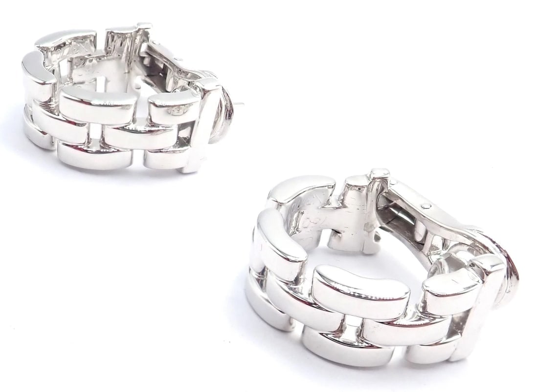 Authentic! Cartier Maillon Panthere 18K White Gold Three Row Link Hoop Earrings - 3