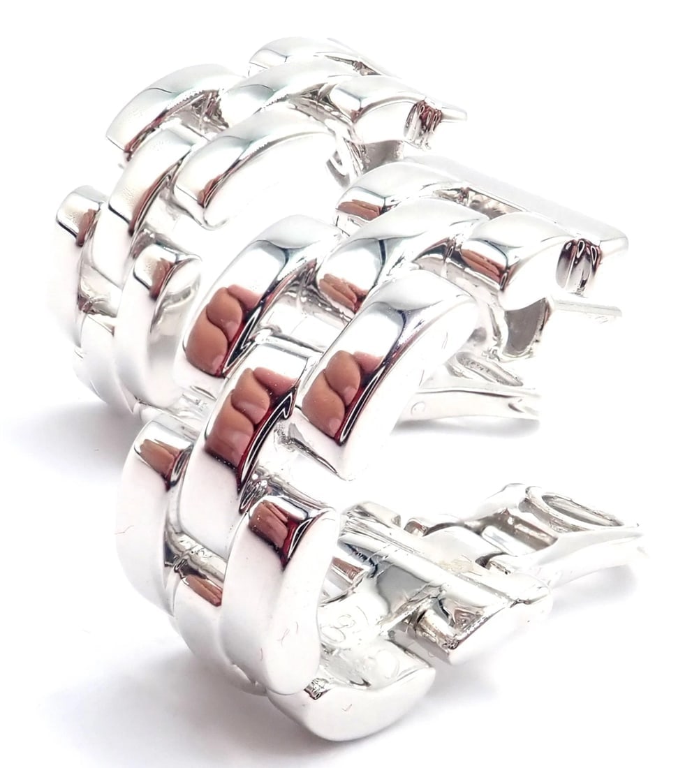 Authentic! Cartier Maillon Panthere 18K White Gold Three Row Link Hoop Earrings - 6