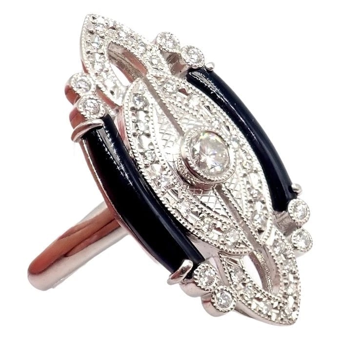 Vintage Estate Platinum Diamond 0.62ctw Onyx Ring sz 7.5 - 4