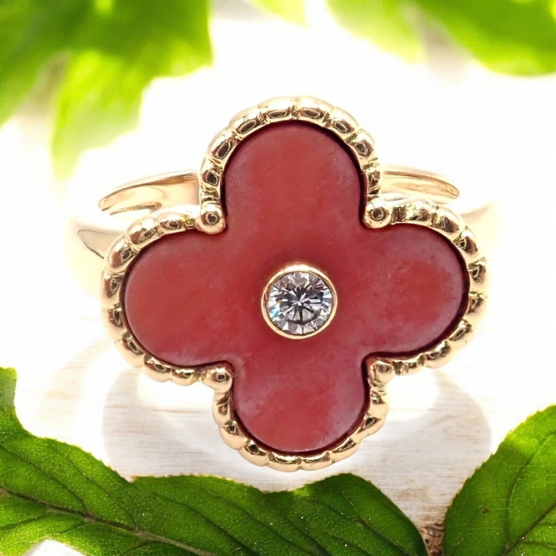 Authentic! Van Cleef & Arpels Alhambra 18k Yellow Gold Coral Diamond Ring Paper - 3
