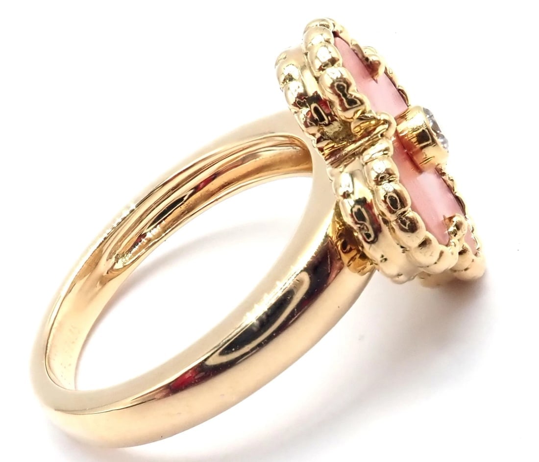 Authentic! Van Cleef & Arpels Alhambra 18k Yellow Gold Coral Diamond Ring Paper - 4