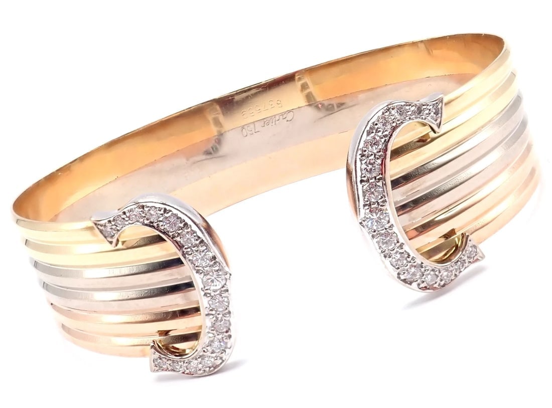Authentic! Cartier 18k Tri-Color Gold Diamond Double C Wide Cuff Bangle Bracelet - 3