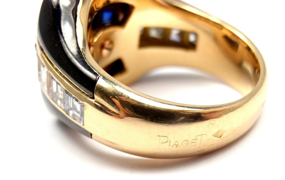 Authentic! Piaget 18k Yellow Gold Diamond Invisible Set Sapphire Enamel Ring - 7