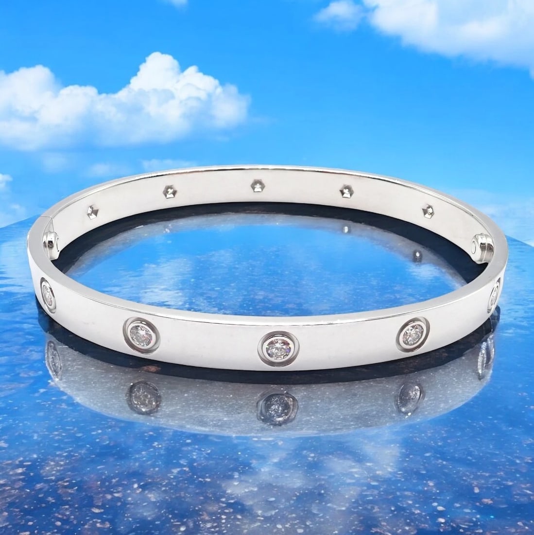 Authentic! Cartier Love 18k White Gold 10 Diamond Bangle Bracelet Sz 18 + Cert - 2