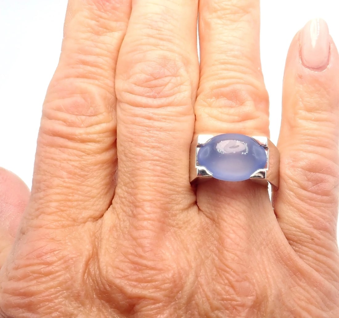 Authentic! Cartier 18k White Gold Large Chalcedony Ring Paper - 8