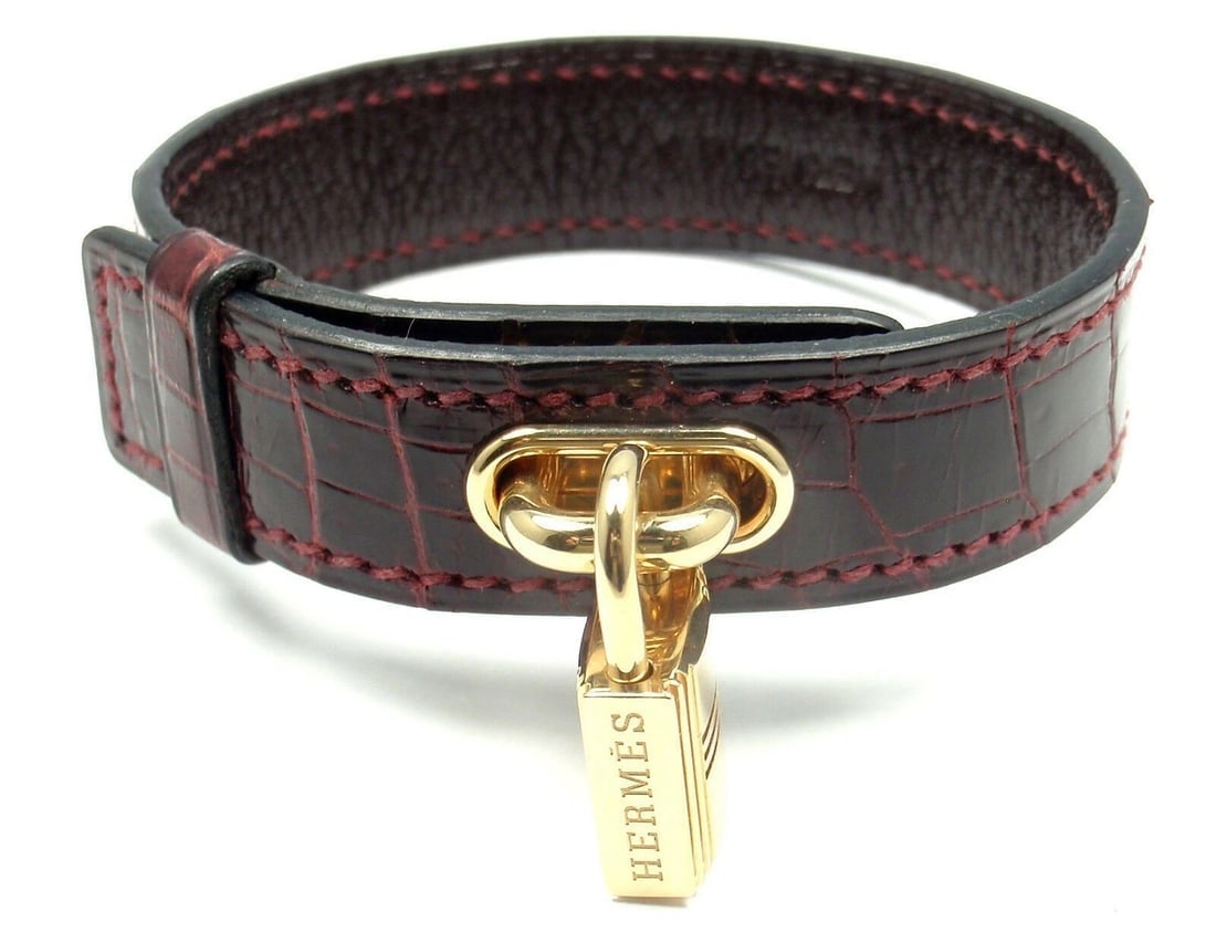 Very Rare! Authentic HERMES 18k Yellow Gold & Crocodile Burgundy Bracelet - 2