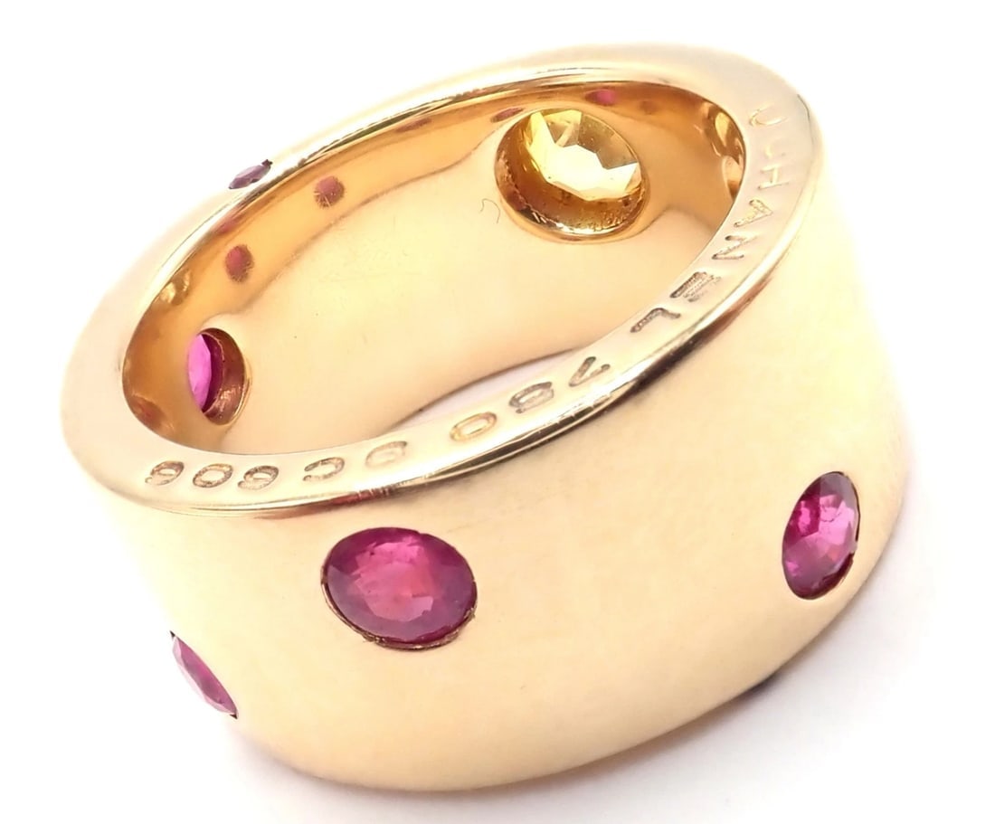 Authentic! Chanel 18k Yellow Gold Ruby Yellow Sapphire Wide Band Ring Size 5 - 3
