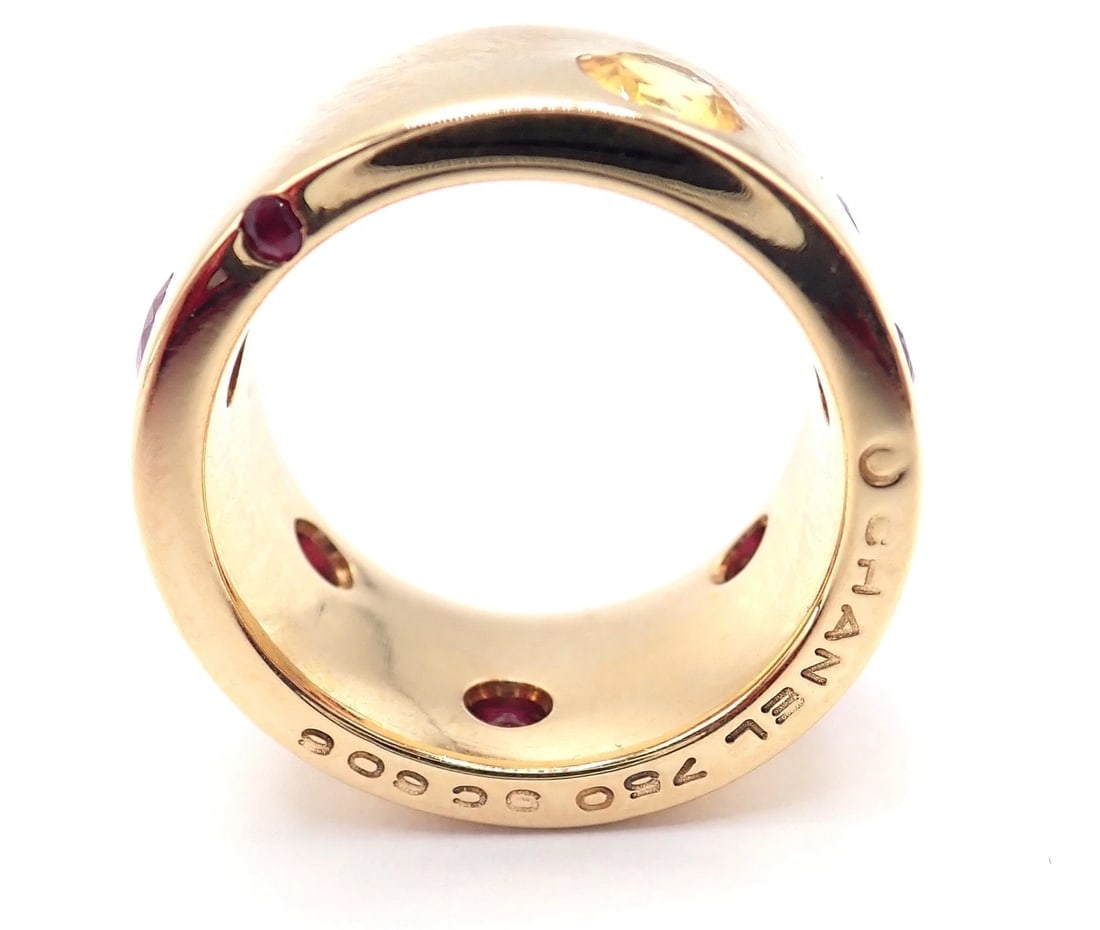 Authentic! Chanel 18k Yellow Gold Ruby Yellow Sapphire Wide Band Ring Size 5 - 4